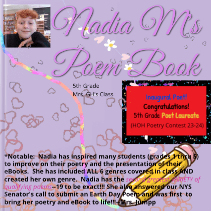 A pink and purple themed book page titled "Nadia M's Poem Book." A small photo of Nadia smiling in a library is in the top left corner. The page features decorative hearts, flowers, and a colorful ribbon graphic. A red and black badge on the right says: "Inaugural Poet! Congratulations! 5th Grade Poet Laureate (HOH Poetry Contest 23–24)."